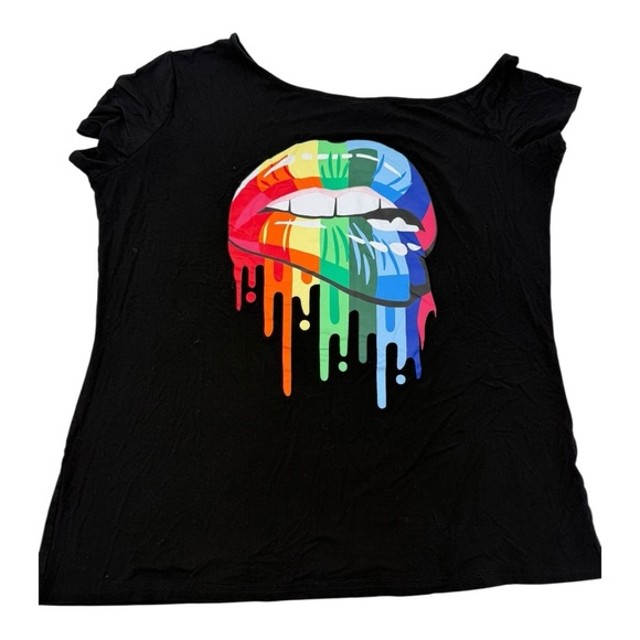 MAGICMK Rainbow Lips Off-Shoulder Graphic Tee NWOT - Picture 3 of 6